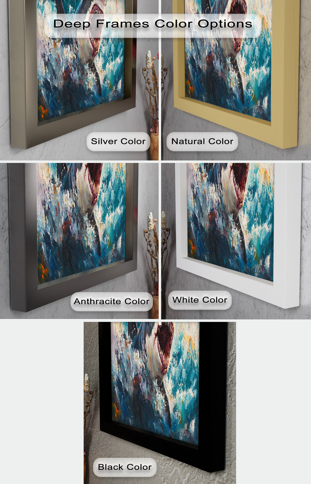 Ferocious Shark Emerging from Turbulent Waters – Animal Oil Painting