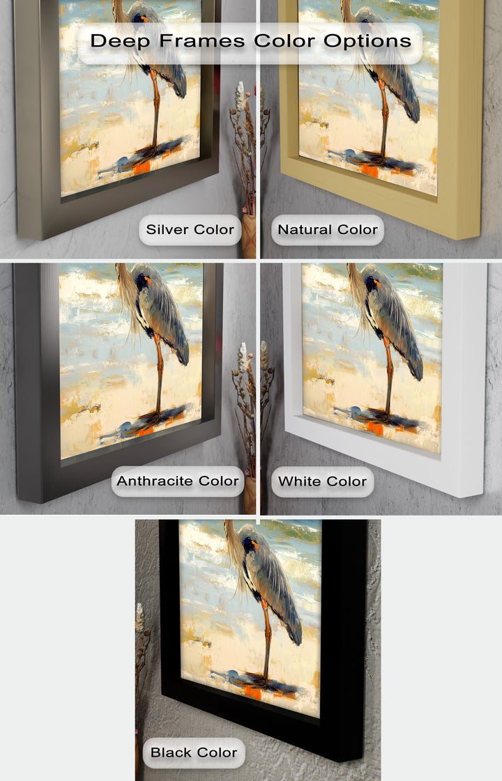 Elegant Heron Standing on Shoreline – Framed Oil Painting