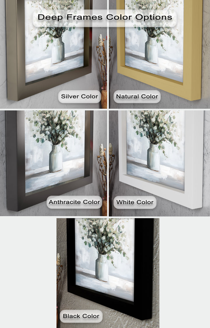 Eucalyptus Essence – Minimalist Greenery in Ceramic Vase Oil Painting