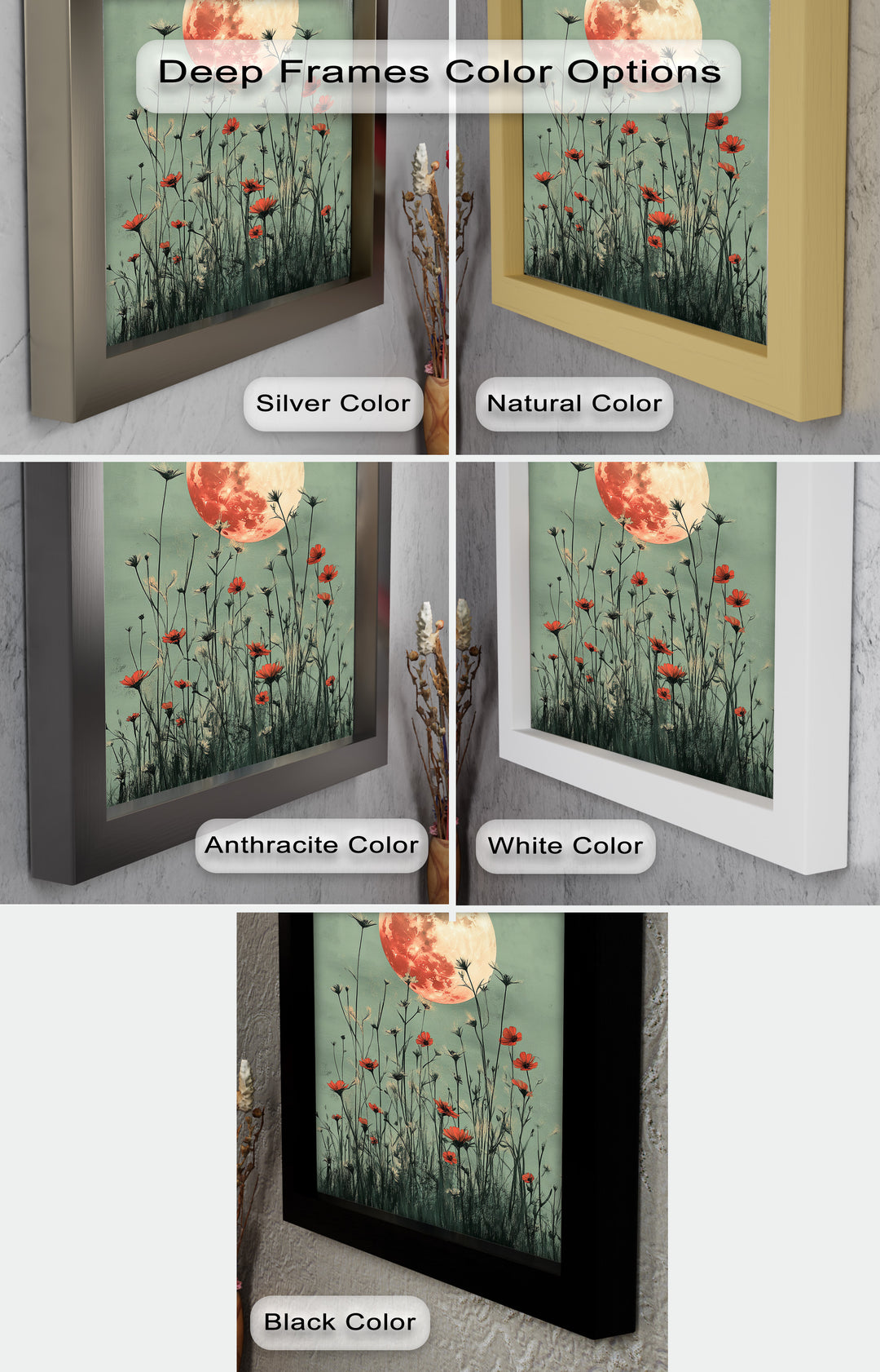 Celestial Wildflowers – Full Moon Over Red Meadow Blooms Oil Painting
