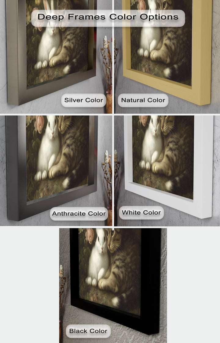 Cat and Rabbit in Floral Harmony - Animal Oil Painting