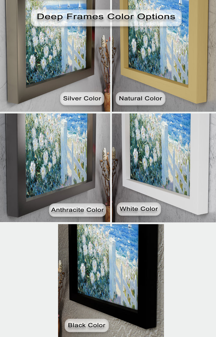 White Rose Garden with Sailboats – Impressionist Oil Painting