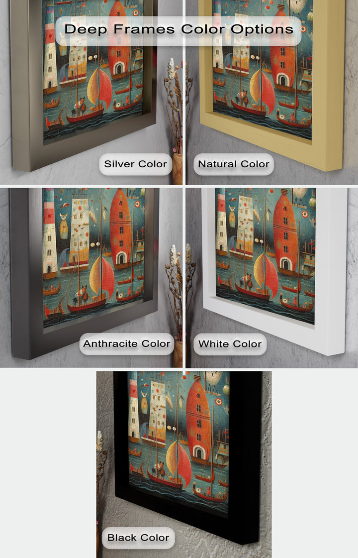Moonlit Harbor Parade – Surreal Cat and Owl Fantasy Oil Painting