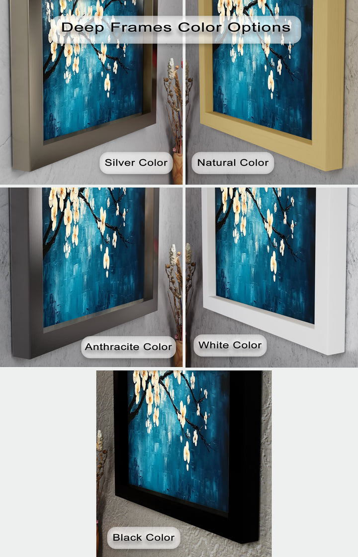 White Blossoms on Blue Wall Art – Floral Oil Painting