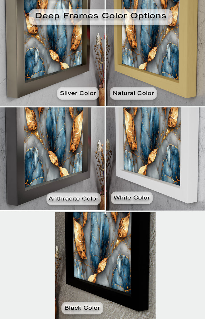 Golden Blue Marble Leaves – Botanical Oil Painting