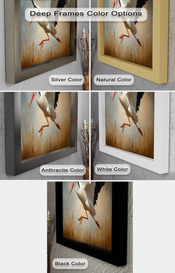 Stork in Flight over Golden Grasses – Animal Oil Painting