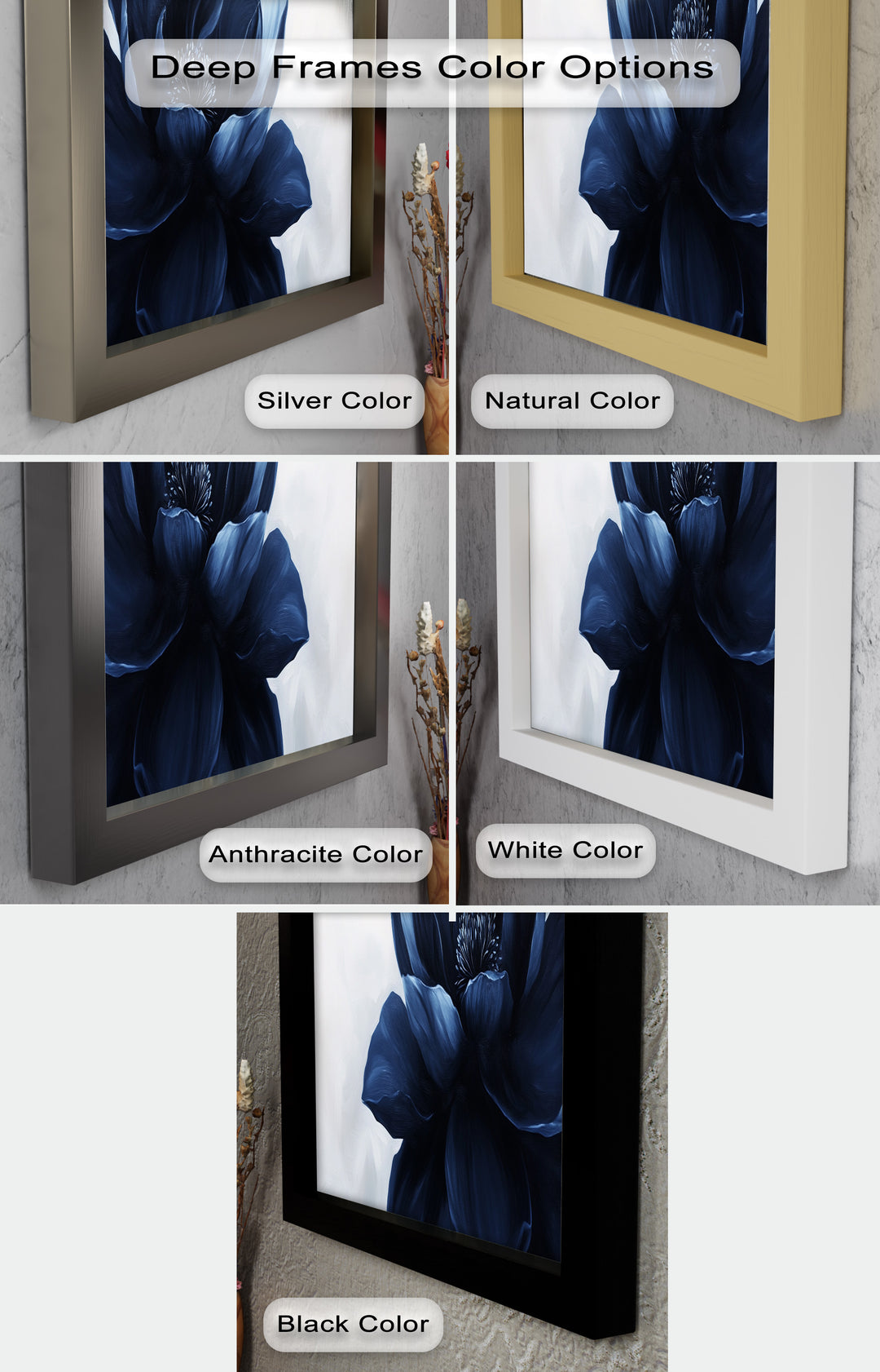 Midnight Bloom Wall Art – Navy Blue Floral Oil Painting