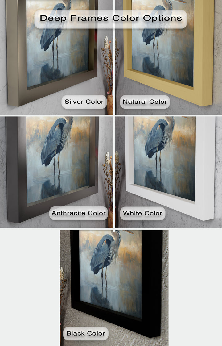 Heron in Misty Marshland - Framed Oil Painting