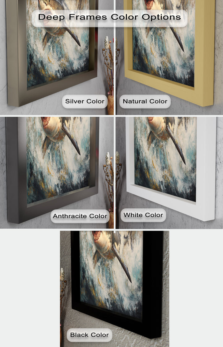 Ferocious Great White Shark Leaping Through Waves - Animal Oil Painting