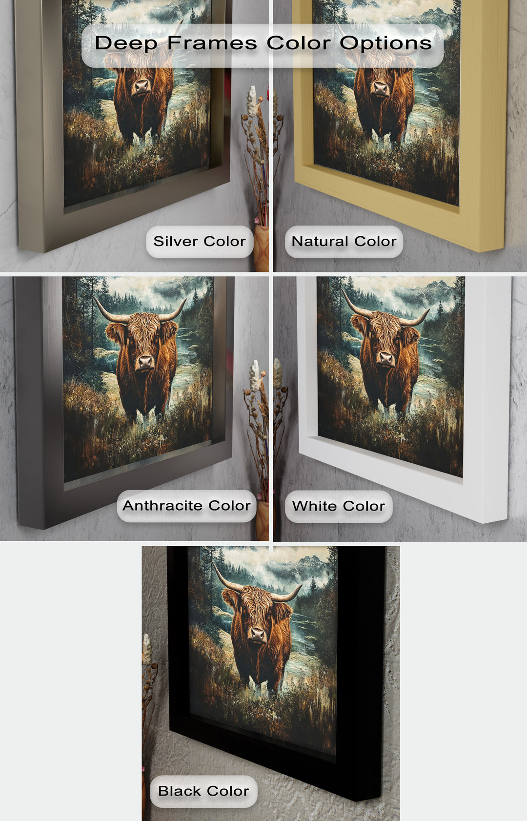 Highland Cow in Misty Pines – Wilderness Oil Painting