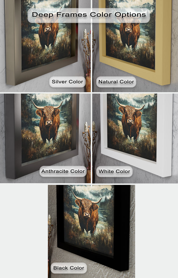 Highland Cow in Misty Pines – Wilderness Oil Painting
