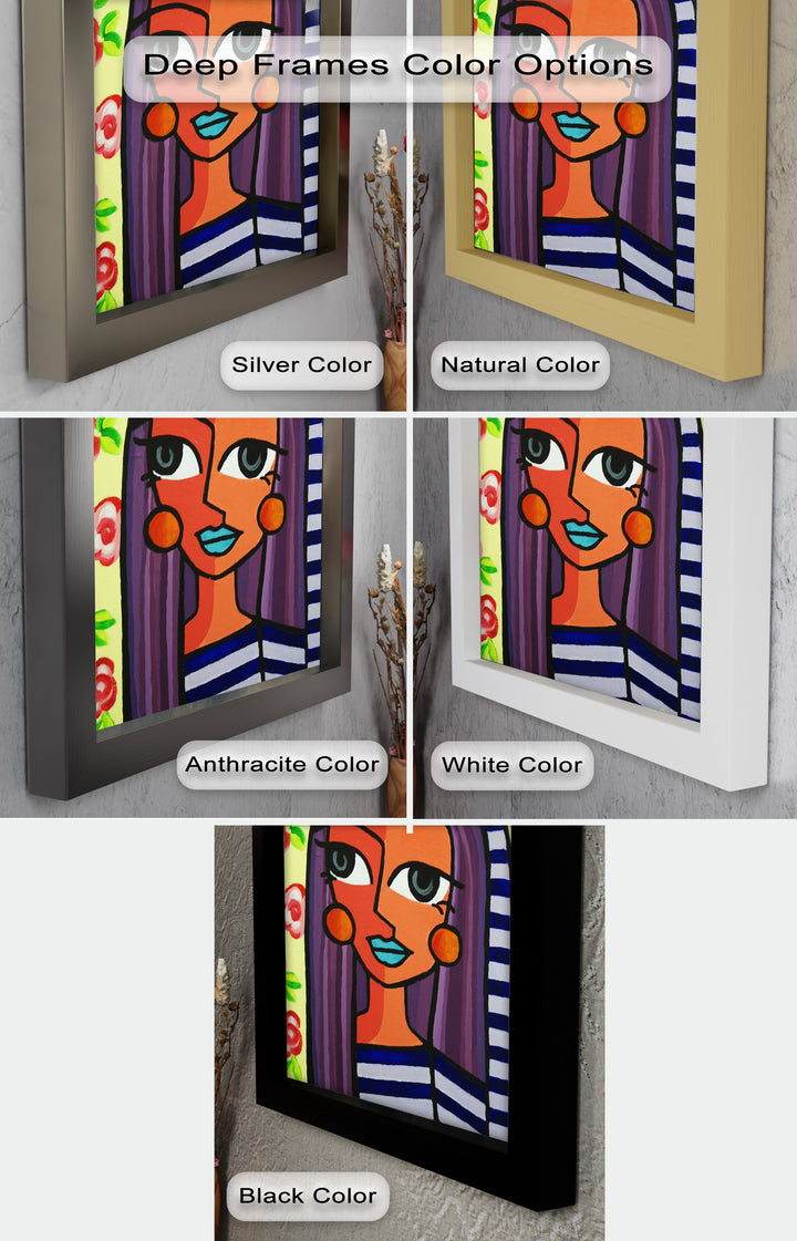 Striped Radiance – Playful Woman with Purple Hair Picasso Oil Painting