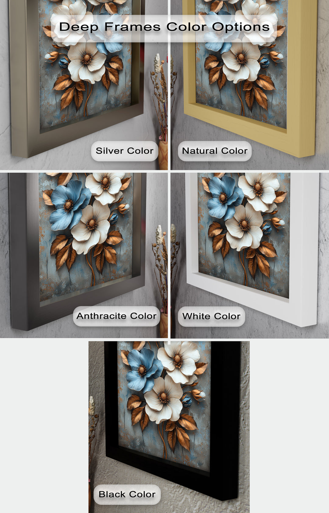 Gilded Petals – Luxuriöses Ölgemälde mit weißen und blauen Blumen