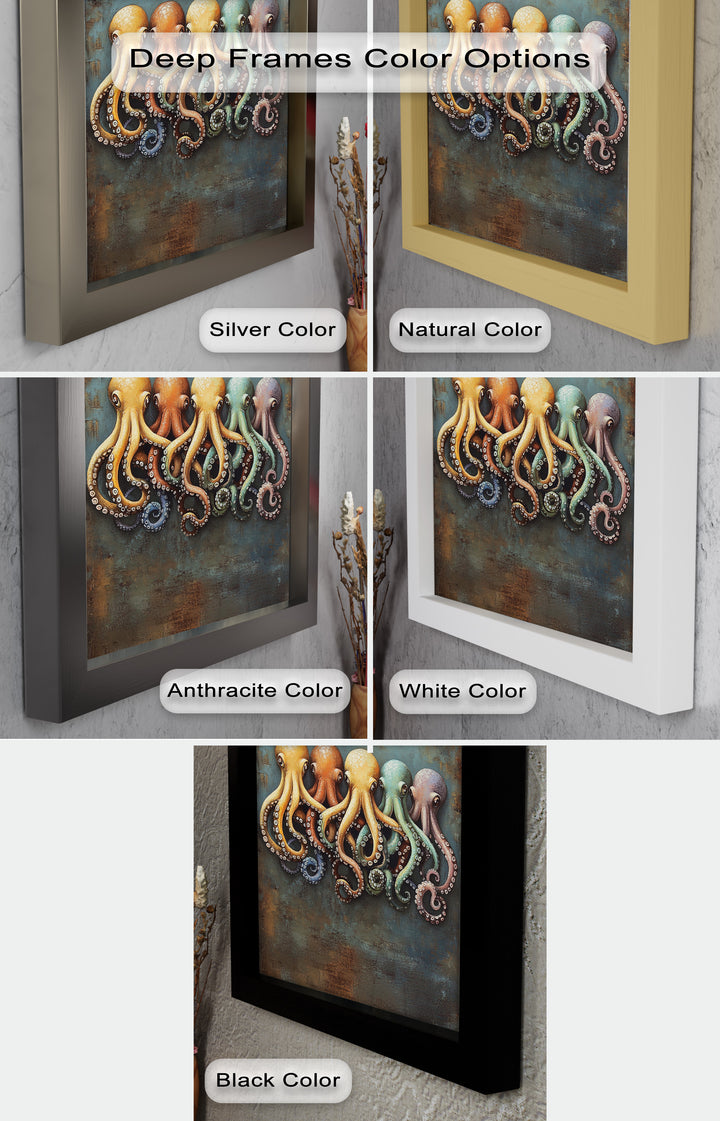 Whimsical Row of Octopuses – Colorful Sea Life Animal Oil Painting
