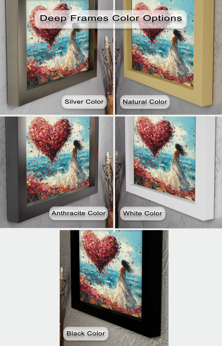 Woman with Heart-Shaped Petals Over the Sea - Love Oil Painting