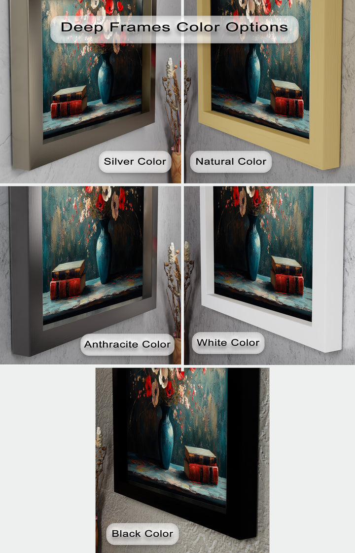 Vibrant Floral Vase with Books – Botanical Oil Paintings