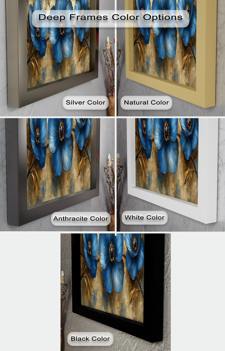 Golden Beige Elegance – Royal Blue Floral Trio Flower Oil Painting