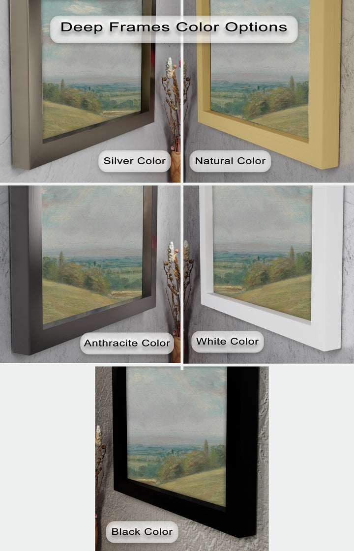 A timeless landscape artwork portraying the beauty of open nature, where golden meadows meet lush green fields beneath a softly painted sky.