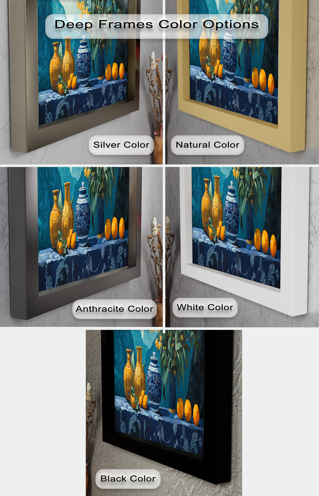 Blue & Yellow Vase Citrus Still Life – Framed Oil Painting