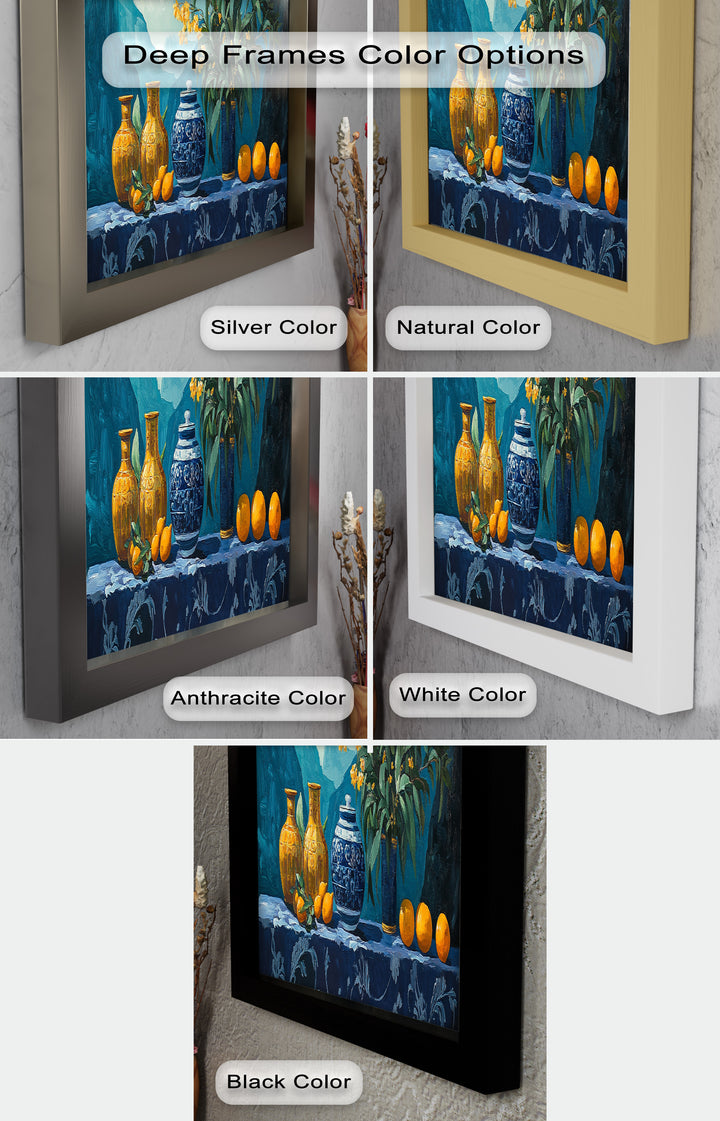 Blue & Yellow Vase Citrus Still Life – Framed Oil Painting