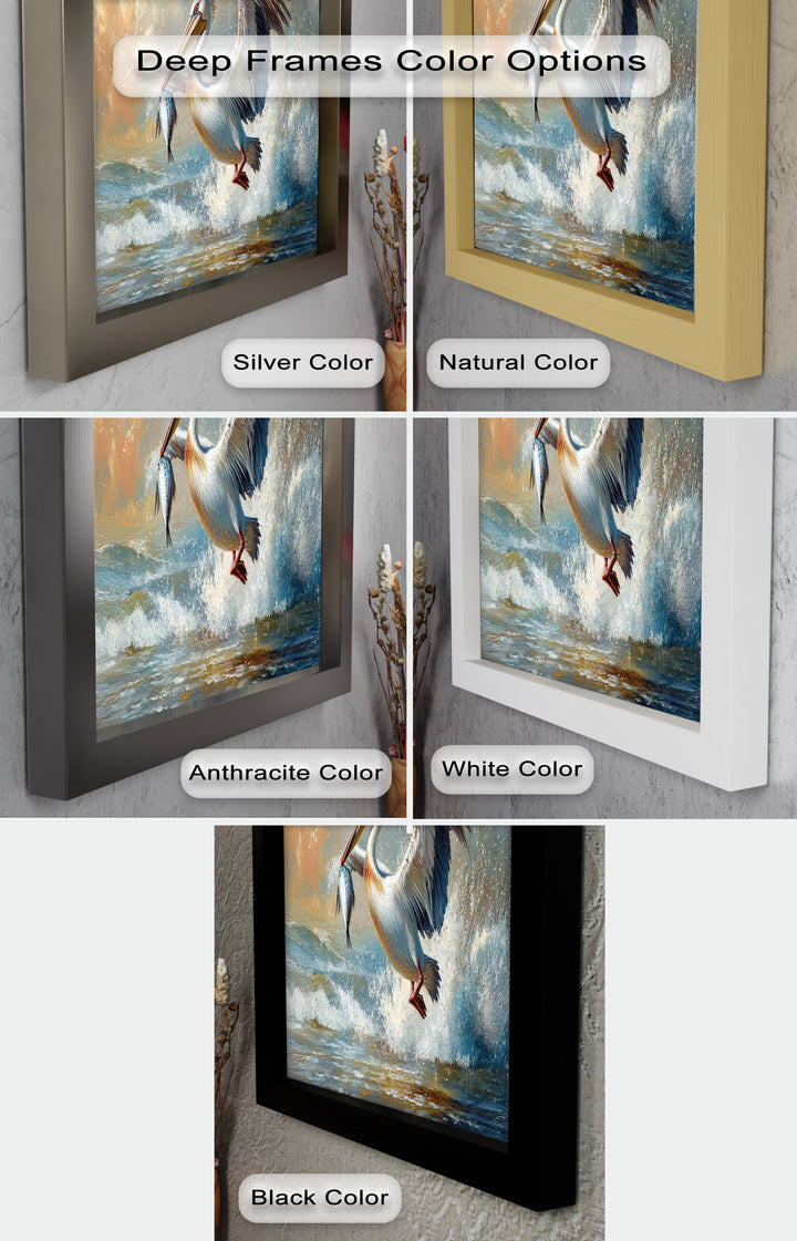 Pelican Catching Fish in Ocean Surf – Animal Oil Painting