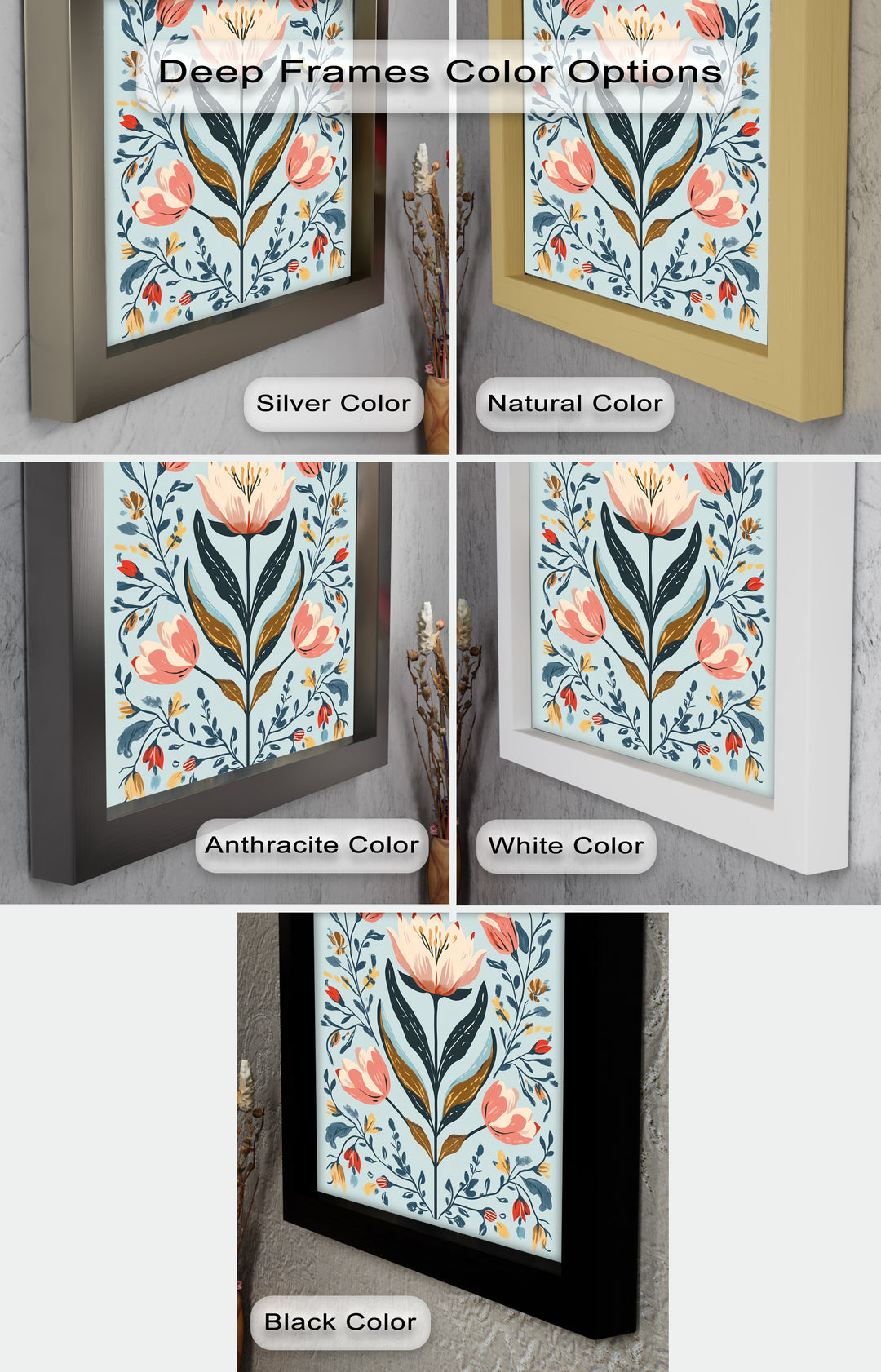 Folk-inspirierte Tulpenharmonie – Boho-Blumenölgemälde