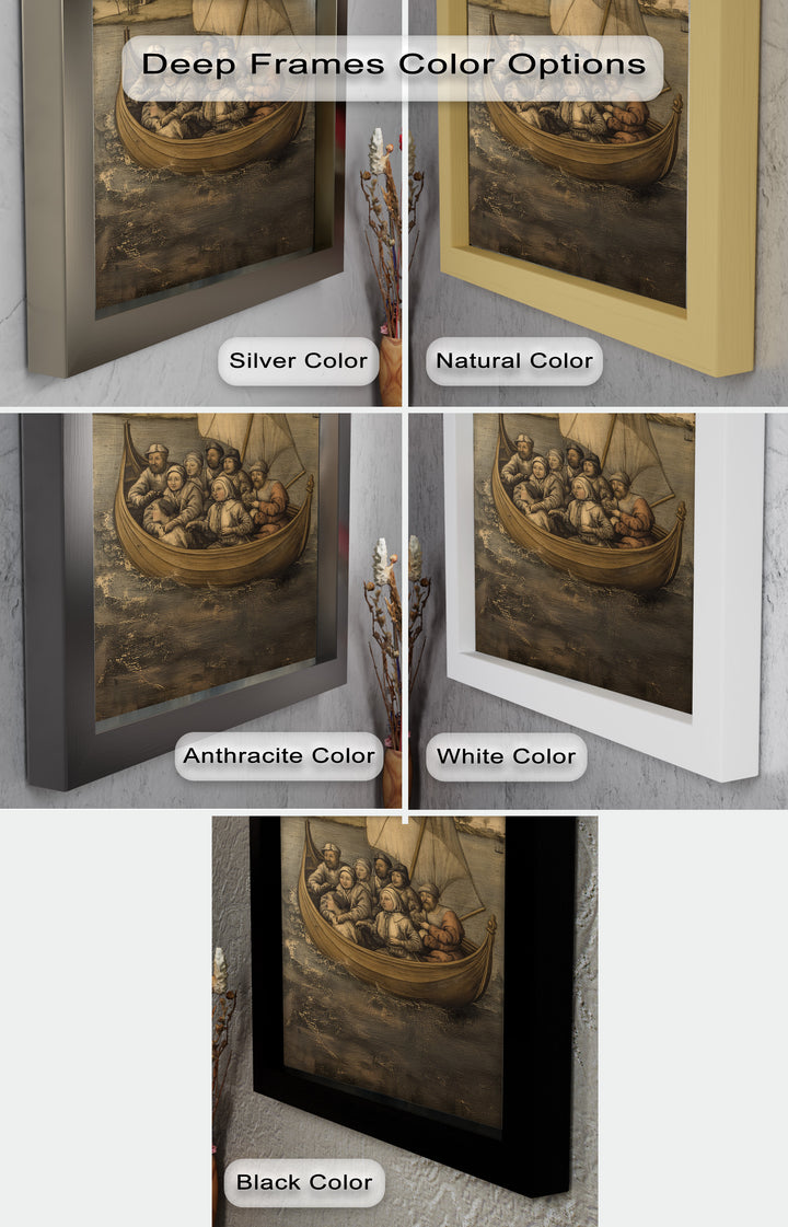 Medieval Sailors in Wooden Vessel - Historic Oil Painting