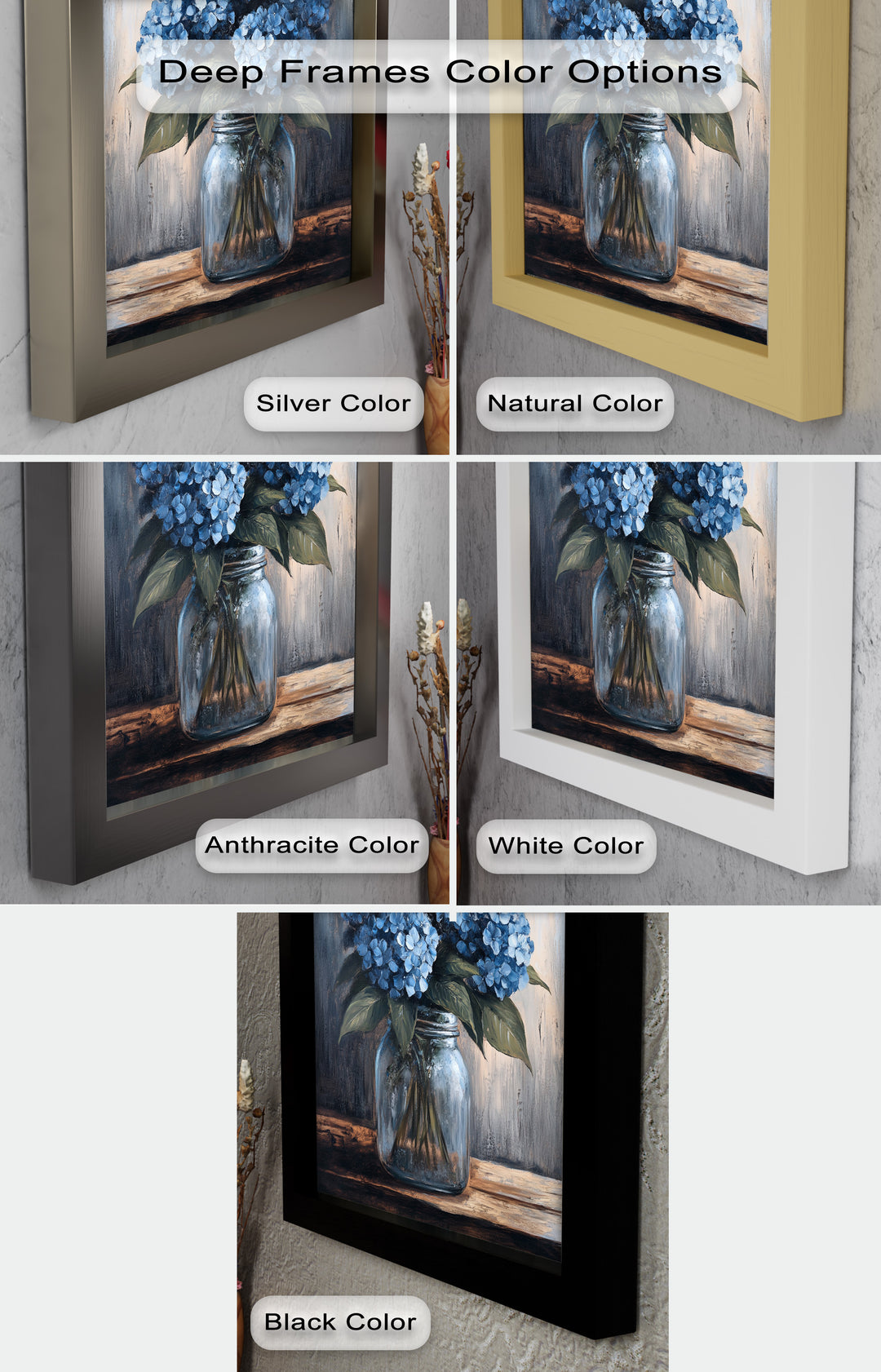 Blaue Gelassenheit – Hortensienblüten im Einmachglas, Blumenölgemälde