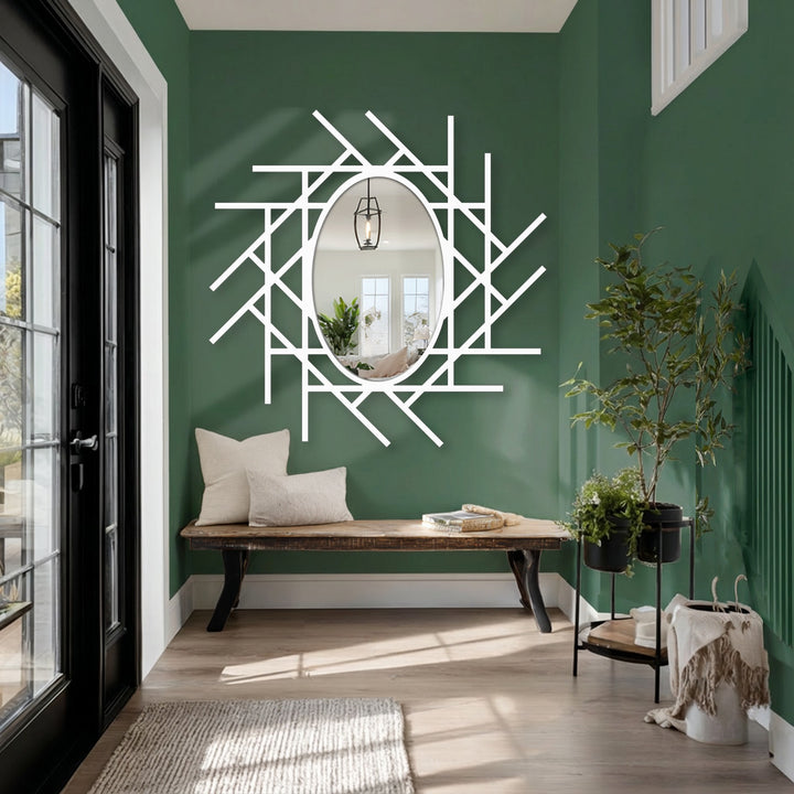 Brushed metal artwork enhances the Abstract Linear Grid Oval Floor Mirror's surface texture, adding depth to its geometric frame and reflective quality for decorating with wall mirrors.