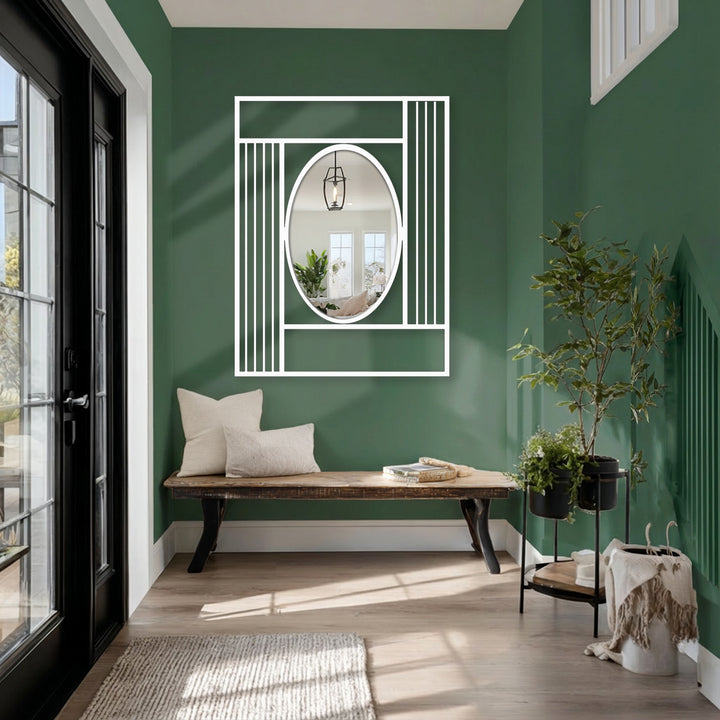 The mirror features a geometric white frame with vertical lines, perfect for decorating with wall mirrors to add a modern touch to your entryway.