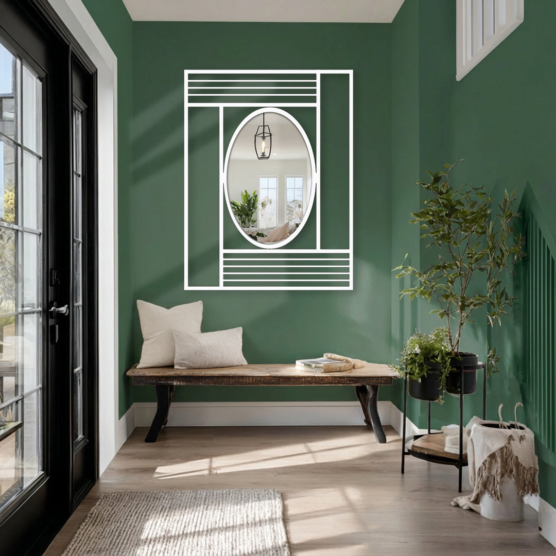Vertically oriented oval modern wall mirrors feature a surrounding rectangular frame with structured lines for a geometric effect.