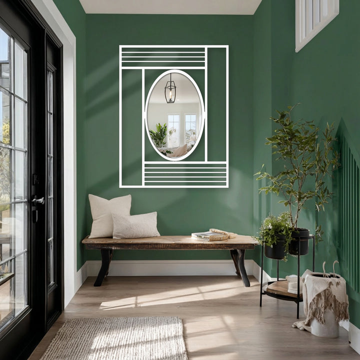 Vertically oriented oval modern wall mirrors feature a surrounding rectangular frame with structured lines for a geometric effect.