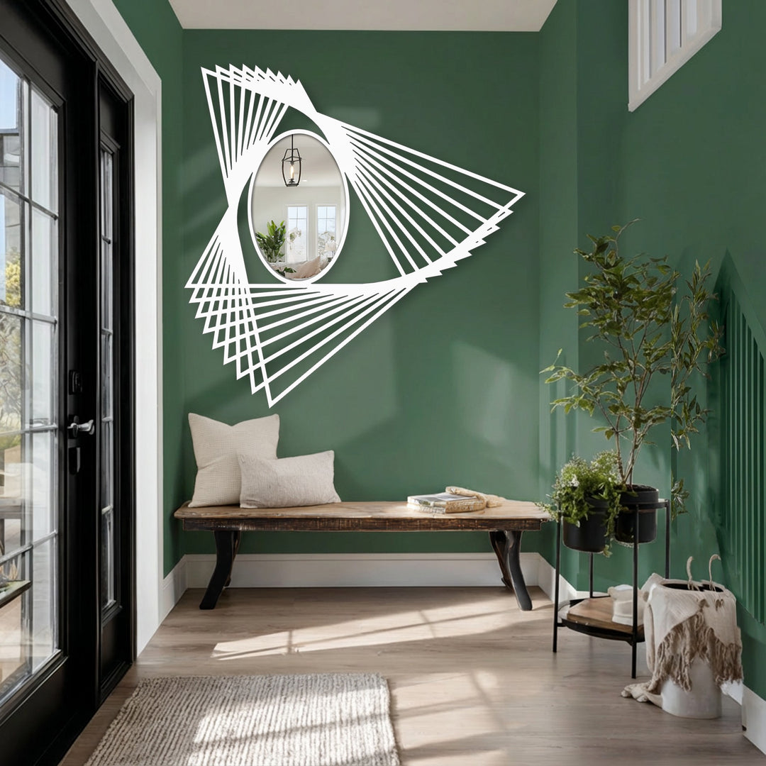 Light and shadow play across the angular details of this floor mirror for wall decor, highlighting the geometric frame's modern design.