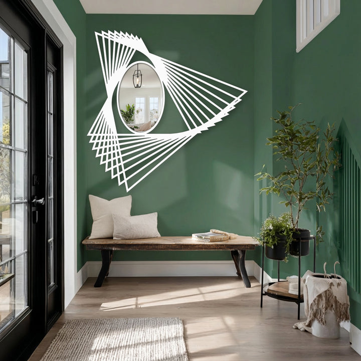 Light and shadow play across the angular details of this floor mirror for wall decor, highlighting the geometric frame's modern design.