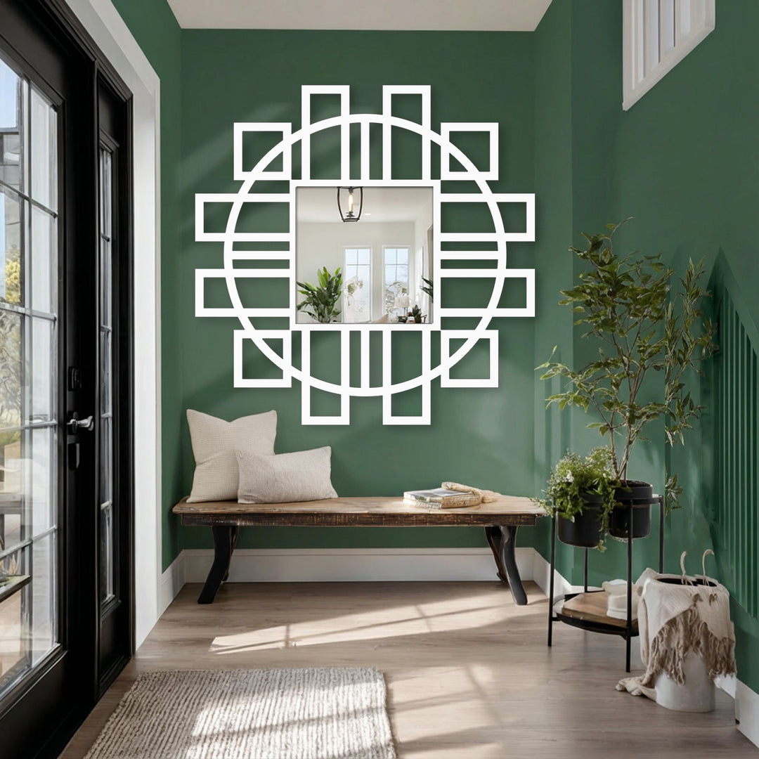 Stillness permeates the room, reflecting in the geometric fusion square framed wall mirror with circular frame accent, adding depth to the space.