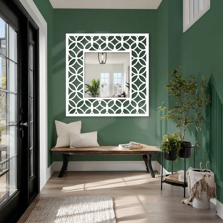 Reflecting depth and layers, the interlocking circle pattern square floor mirror presents a captivating mirror for wall decor with its intricate geometric frame.
