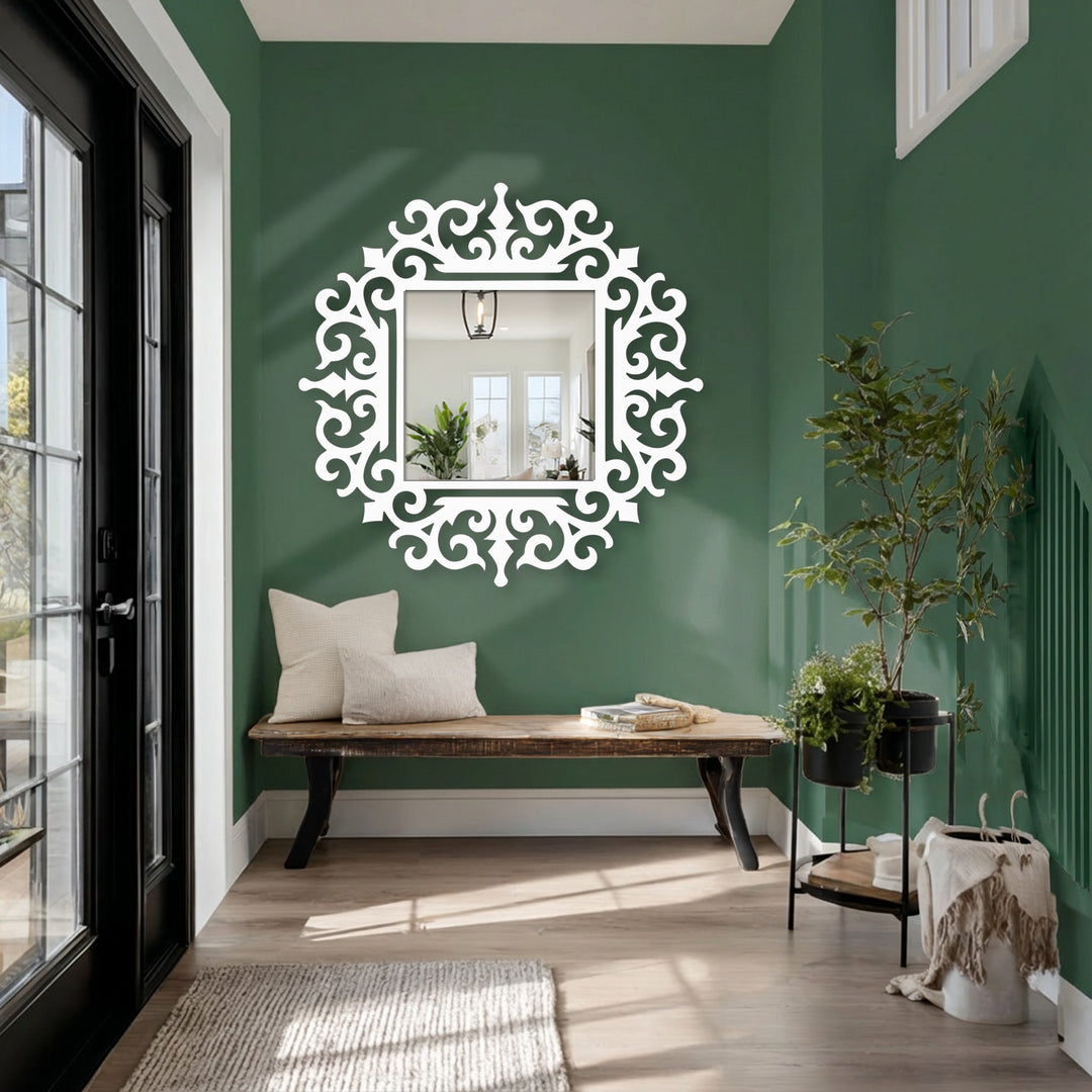 High color contrast highlights the ornate baroque frame of this royal scroll square floor mirror as a piece of unique metal wall art.