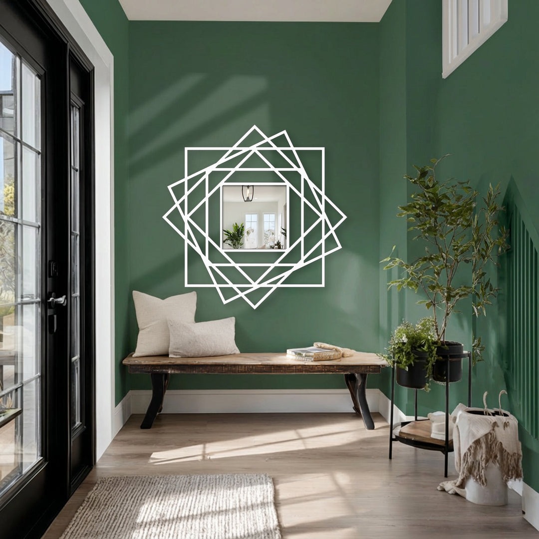 Square mirror for wall decor with a central square shape surrounded by an abstract, layered geometric frame with multiple orientations.