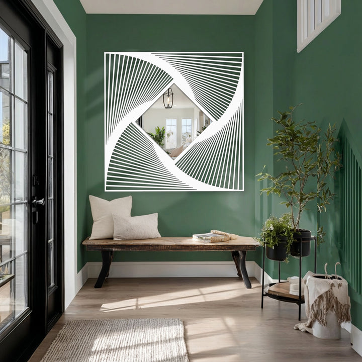 Showcasing a floor mirror, the geometric elements feature a diamond center and a radial line metal frame, reflecting modern decorating with wall mirrors.