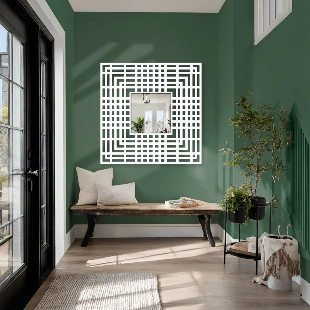 Showcasing a geometric grid pattern, this floor mirror features a square metal frame with a modern linear design, enhancing its appeal as striking metal wall decor.
