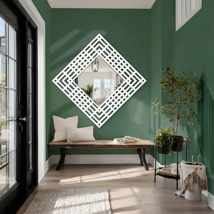 Reflecting the surface texture of the diamond grid frame floor mirror, the geometric pattern creates a layered effect, showcasing a unique metal art for wall design with modern appeal.