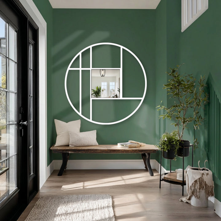Displayed is a modern geometric circle frame floor **decorative mirror**, accented by bold black metal lines, serving as the focal point.