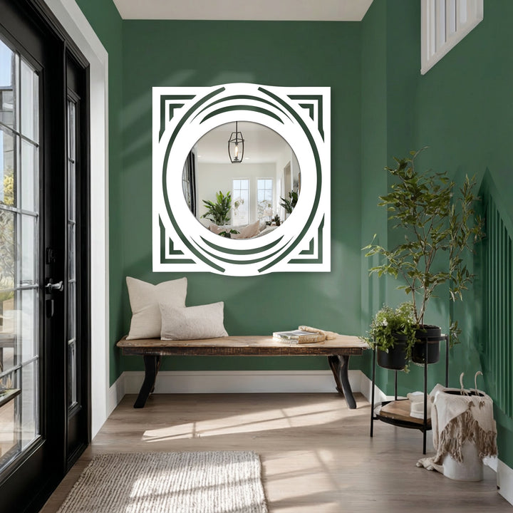 Reflecting a smooth decorative mirror surface, the Orbit Crest floor mirror exhibits a fine texture, contrasted by the geometric metal wall decor of its square black frame.