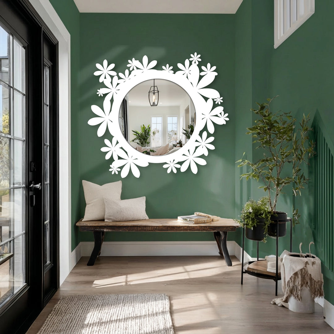 Cool color temperature enhances the white bloom floral frame of the floor mirror, contrasting with the warm tones of the home decor in the mirror's reflection.