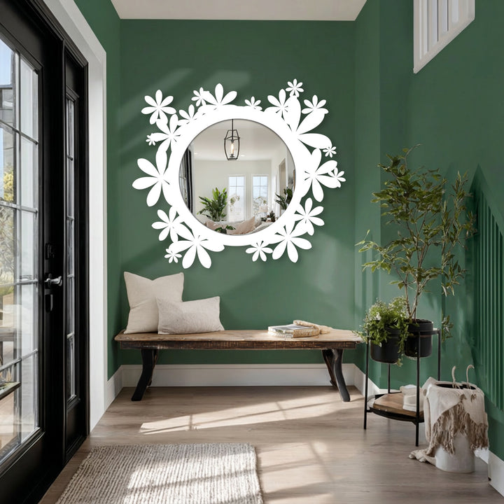 Cool color temperature enhances the white bloom floral frame of the floor mirror, contrasting with the warm tones of the home decor in the mirror's reflection.