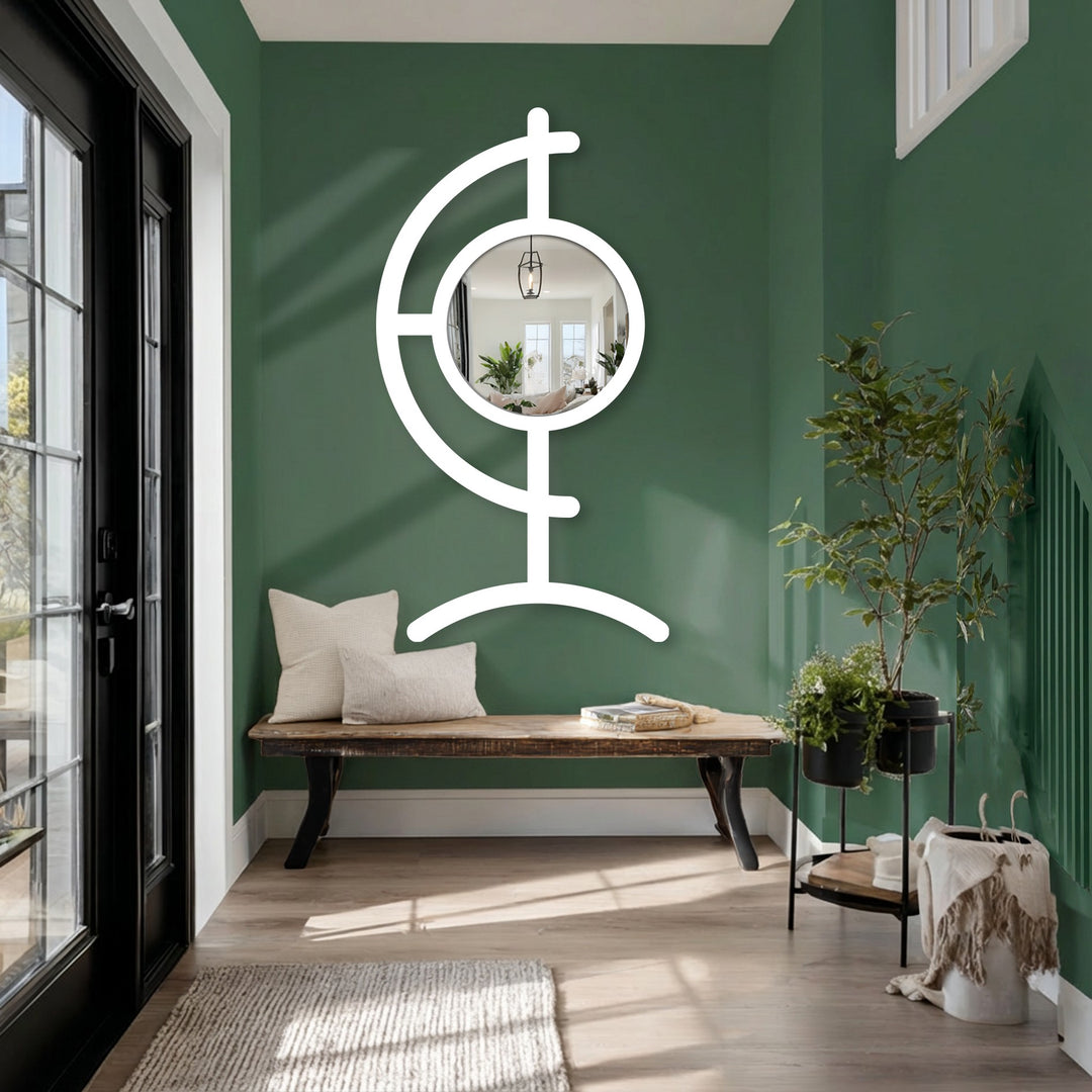 Central orbit line floor mirror with a sculptural metal frame creates a reflective focal point, making it a distinctive piece of metal art for wall.