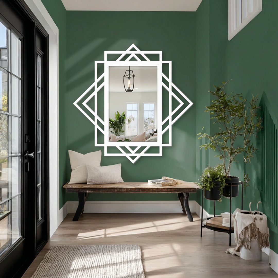 Showcasing the layering effect of the geometric diamond metal art for wall, this modern architectural design of the mirror makes a bold statement.