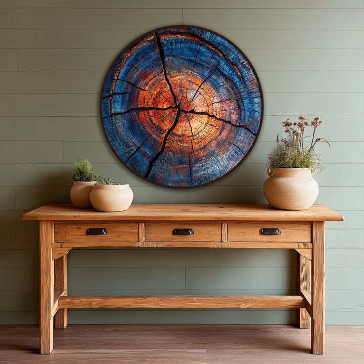 Illuminated from within, the brightest area draws the eye to the fiery center of this abstract wood ring oil painting, offering unique oil painting home decor.