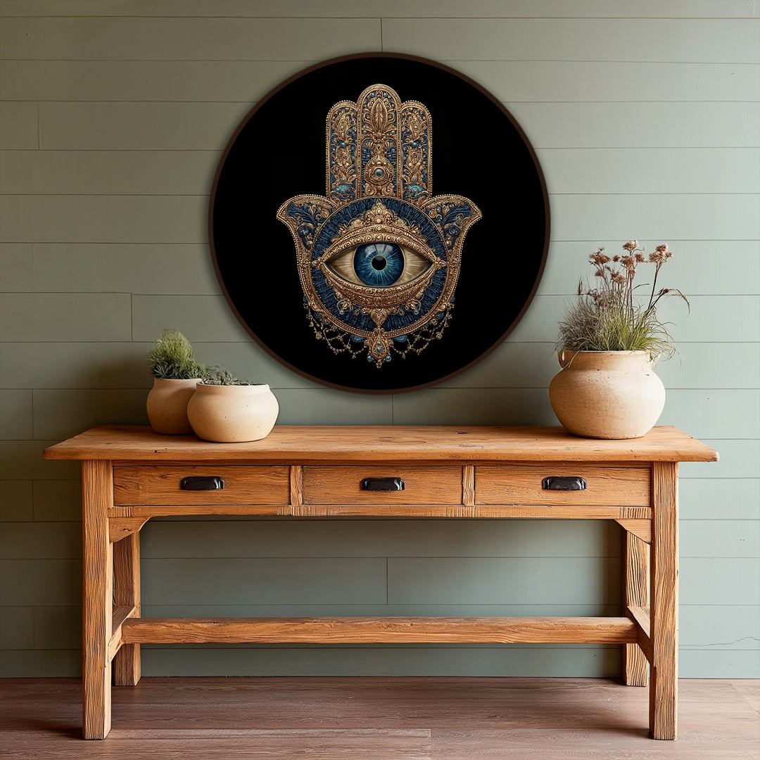 Realistic detail highlights the ornate patterns and striking blue eye of this mystic hamsa, a unique oil painting art prints featuring a protective symbol.