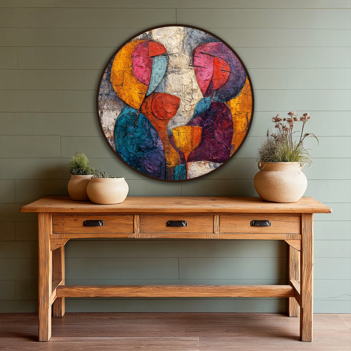 High color saturation brings out the bold hues and textured layers in this abstract lovers round oil painting wall art, enhancing its romantic appeal.